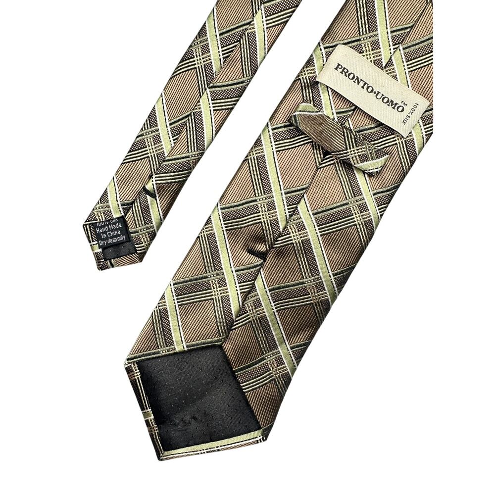 Pronto Uomo Silk Tie Brown Plaid Hand Made Necktie